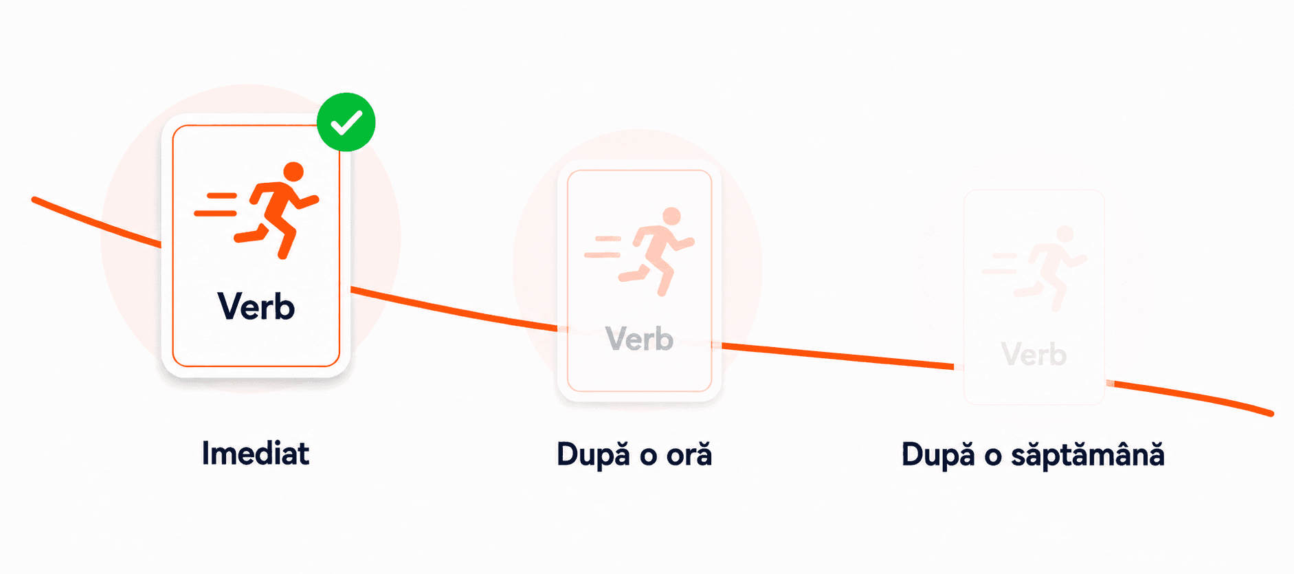 Ilustrație a curbei uitării: un card de gramatică învățat se estompează treptat — clar imediat, mai palid după o oră, abia vizibil după o săptămână.